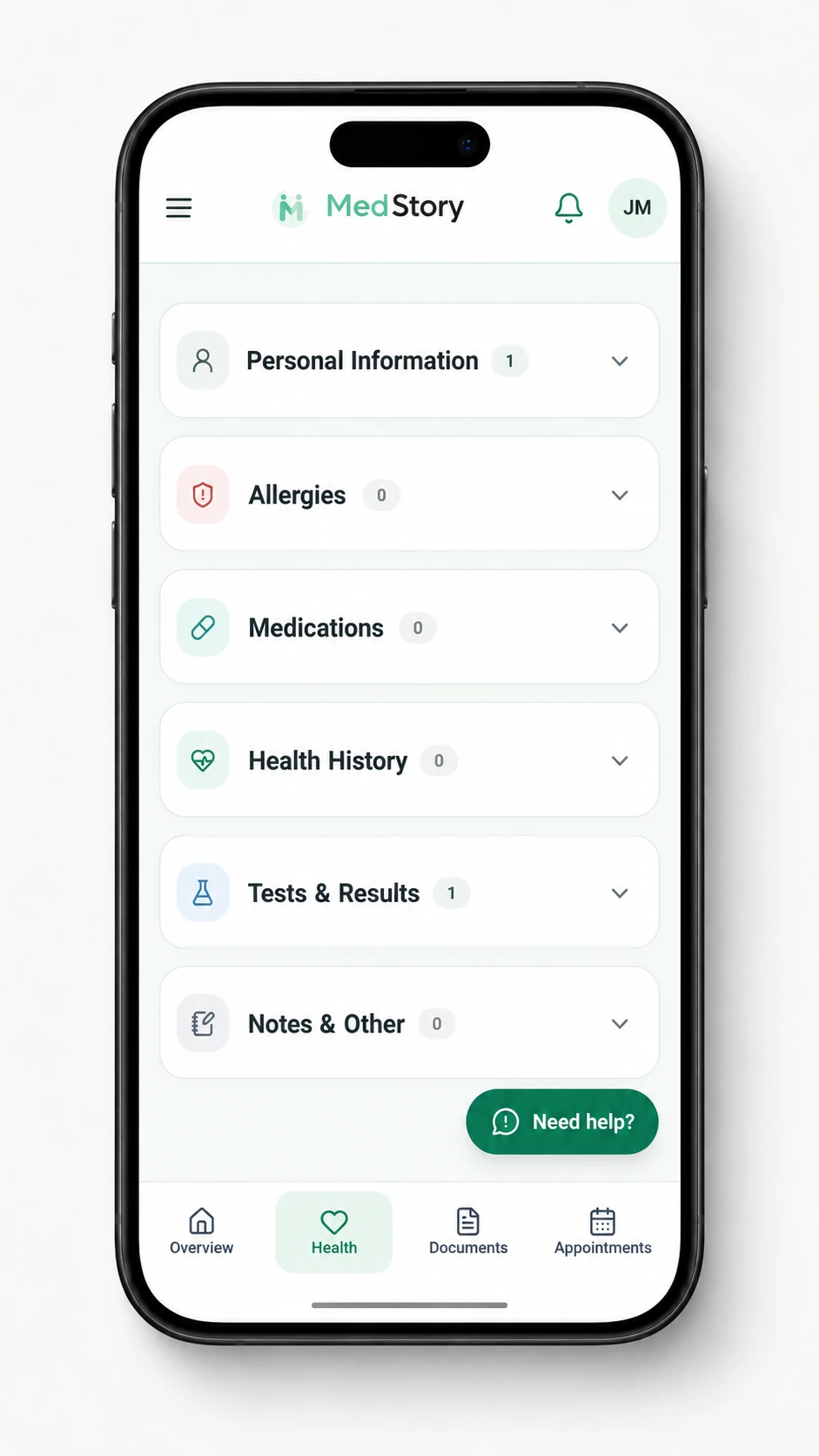 MedStory personal health organiser showing personal information, allergies, medications, health history, test results and notes.