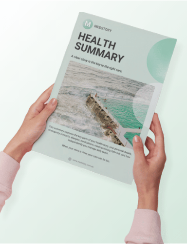 Hands holding the MedStory Health Summary document, a clear and organised record of personal health details ready to share with doctors, carers, or family