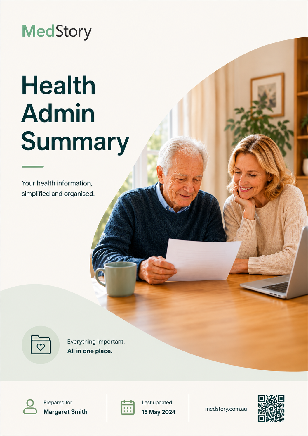Sample MedStory Health Admin Summary title page showing key health information in one organised document