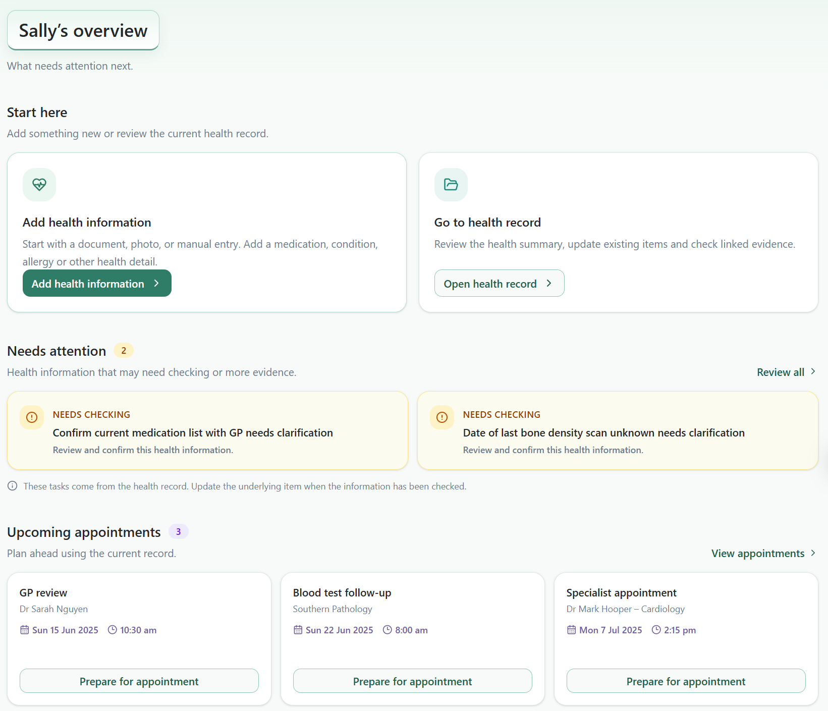 MedStory overview showing health information to review and upcoming appointments.